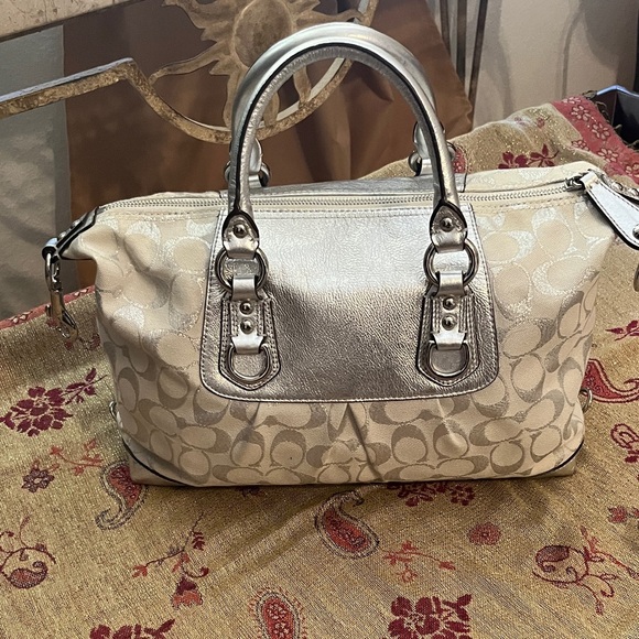 Coach Metallic Silver and cream Satchel with longer shoulder strap option - Picture 2 of 12